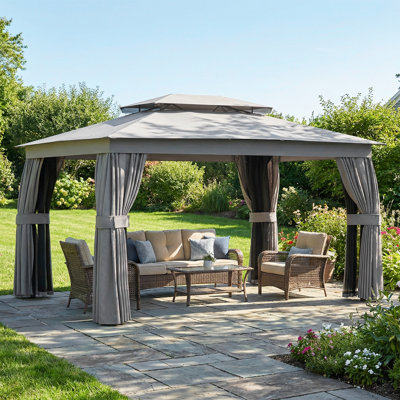 Pavillon de jardin d'extérieur 10 pi x 12,5 pi avec rideaux, filet, double toit