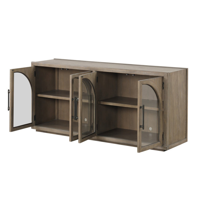 4 Doors Wooden And Glass Server With Adjustable Shelves In Oak