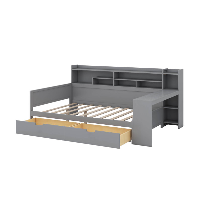 Lit de jour double en bois avec tablettes de rangement, lit multifonctionnel avec deux tiroirs de rangement et bureau d'étude