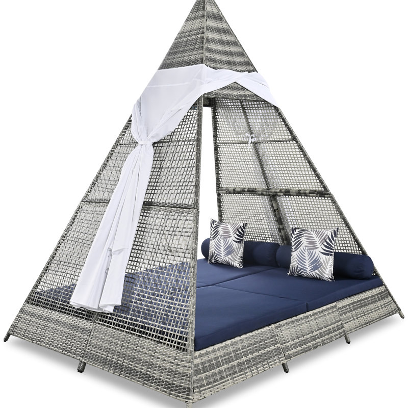 Patio Daybed With Colorful Pillows, Cushions, Gray And Blue, Tent Shape, Adjustable Feet, 700 Lbs Weight Capacity Distinctive Pillows Outdoor Sun Deck Chair - Style, Feet