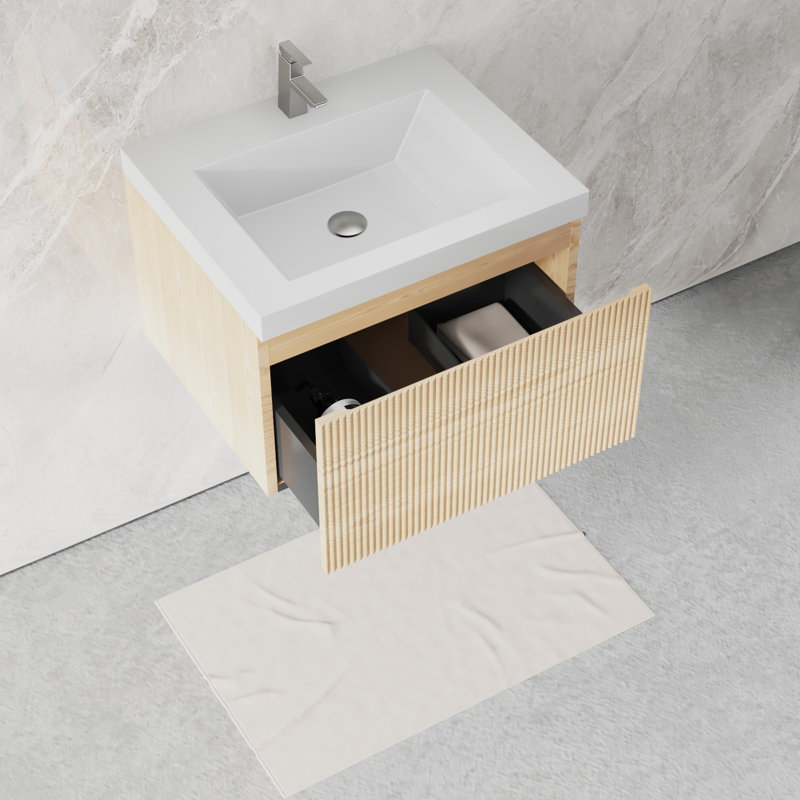 Meuble-lavabo flottant moderne 42 po avec lavabo en résine intégré, Bois naturel, 42", Blanc