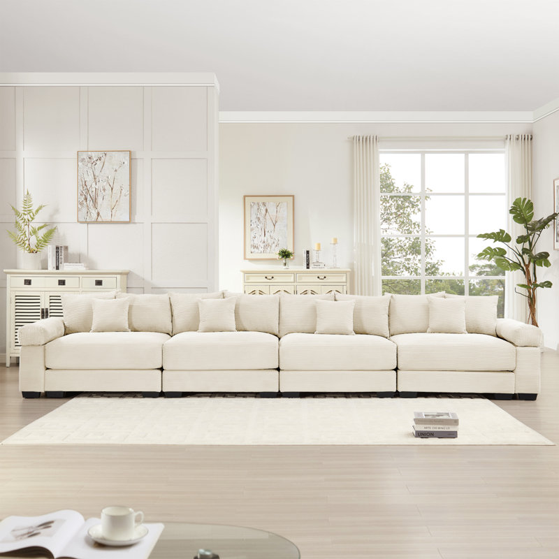 170" Oversized Cloud Modular Sectional Couch, Premium Corduroy 3-Seater Extra-Thick Armrests,Good Resilience Cushion,12 Throw Pillows,Ergonomic Design, Easy Assembly,For Living Rooms,Cream