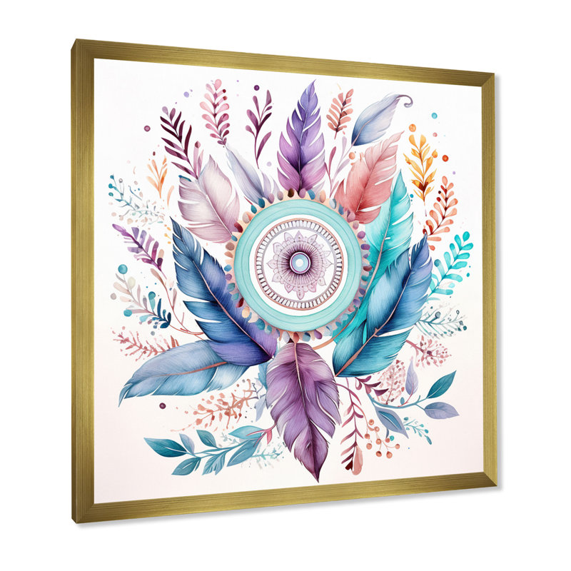 Attrape-rêves pastel turquoise Boho sur toile, Cadre doré à une seule photo, H 16 po x l 16 po x P 1 po