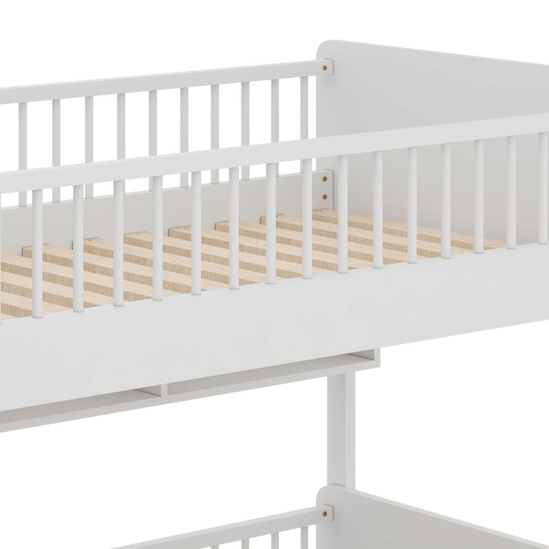 Lit superposé simple en bois avec 3 tablettes de rangement, Blanc
