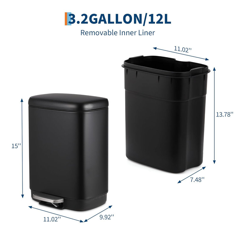 Poubelle en acier inoxydable 12L avec pédale, finition noire matte anti-traces de doigts, poubelle de cuisine et de salle de bain rectangulaire silencieuse avec seau intérieur