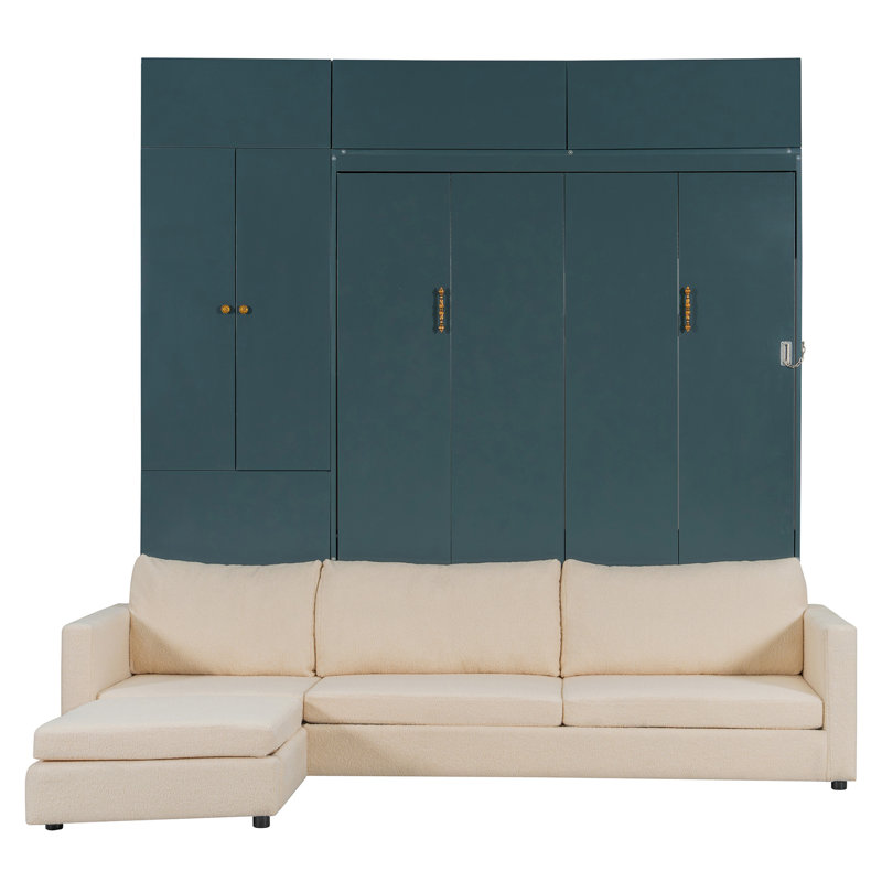 Grand lit escamotable mural avec canapé et tablettes, panneau vert, canapé beige (OLD SKU: LP000765AAA)