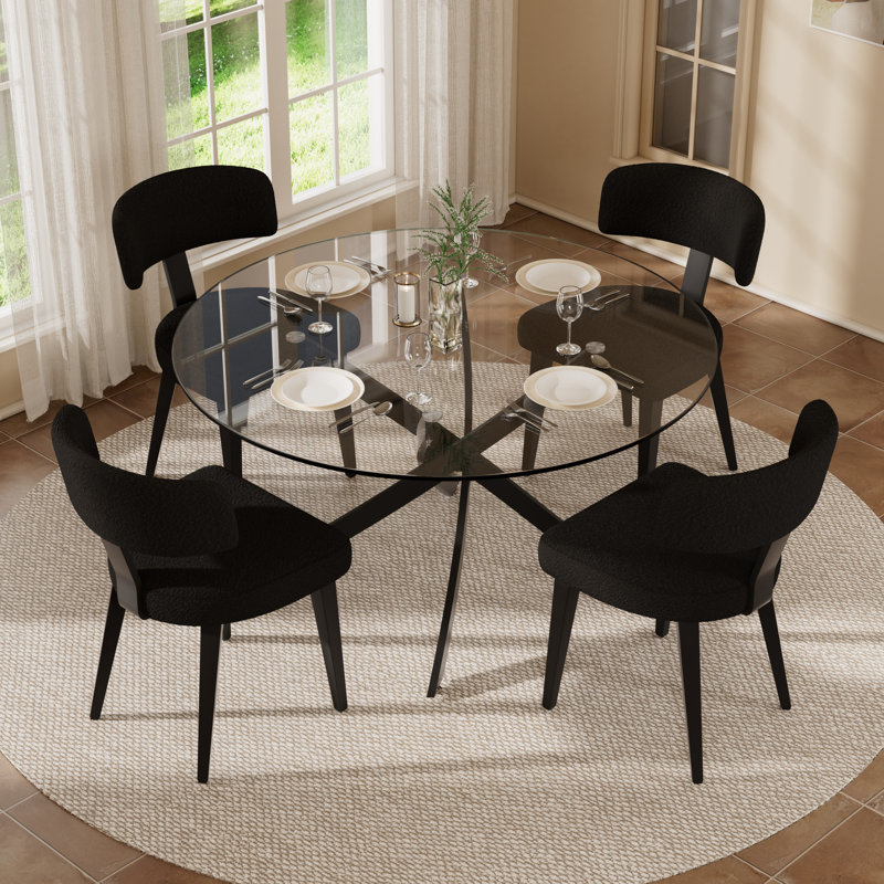 47 Inch Round Glass Dining Table Sets, 5, Clear, Black