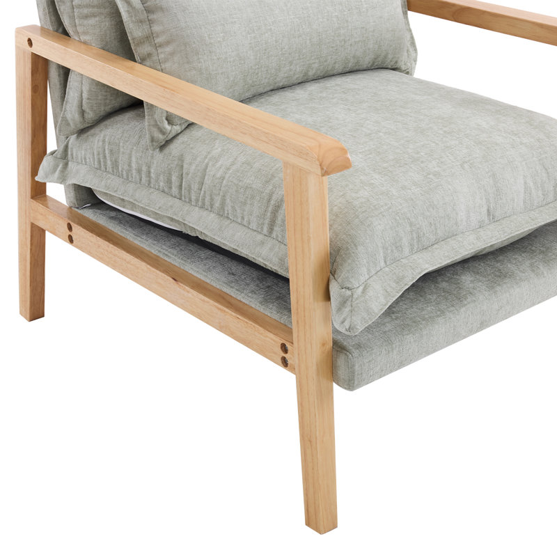 Chenille Accent Chair Armchair With Pillow, Natural Wood, Light Green