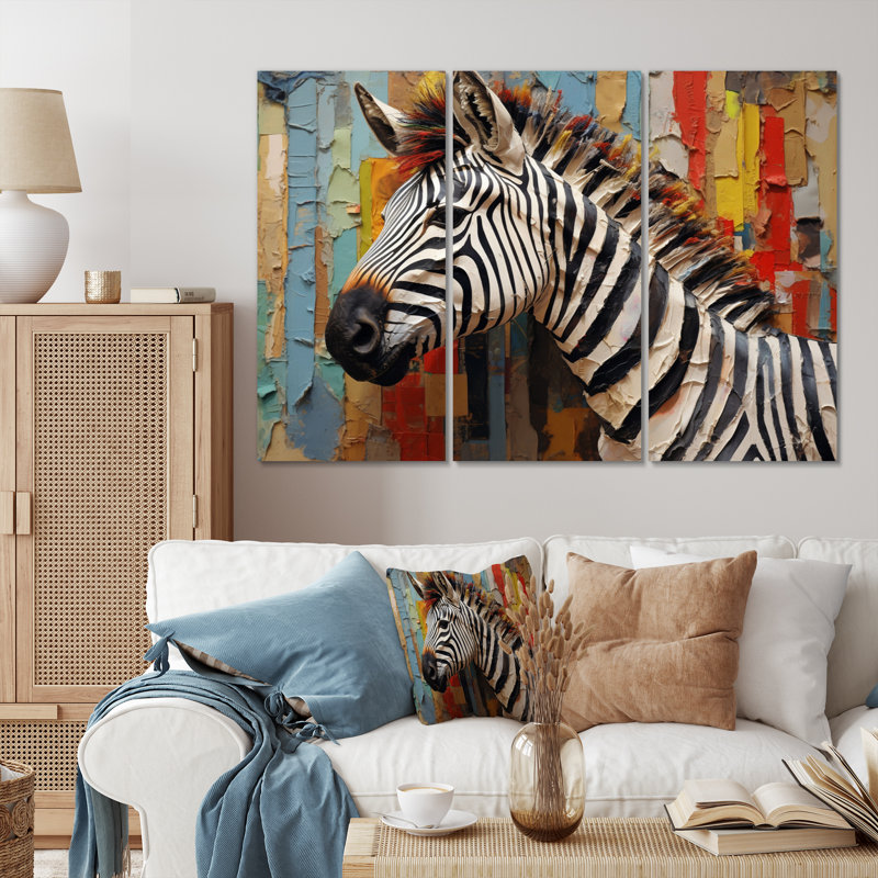 «Vintage Zebra Collage I» sur toile, reproduction de 3 pièces, H 28 po x l 36 po x P 1 po