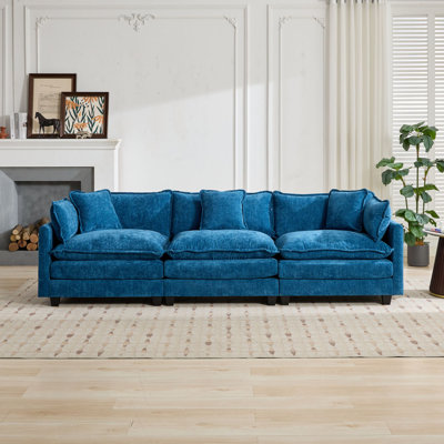  Large Upholstered 3-Seater Sofa with Plush Cushions and Pillows, Modern Cloud Couch for Living Room, Blue