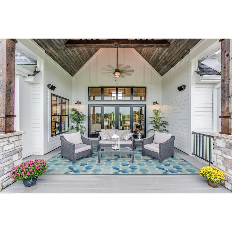 Kirrily Watercolor Circle Blue and Ivory Indoor Outdoor Machine Washable Area Rug, Rectangle 7' x 9'