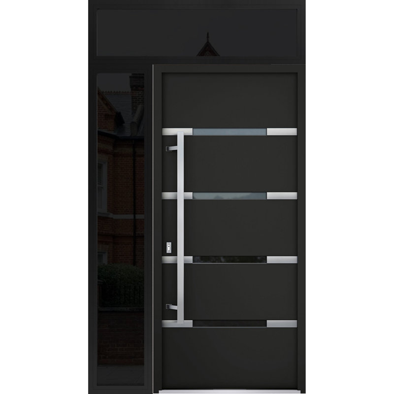 Porte avant en acier pré-suspendue à l'avant / deux portes en émail noir 1105 / fenêtre extérieure latérale et supérieure avec insert en acier inoxydable de style moderne l 36 po x H 80 po + 16 po à droite