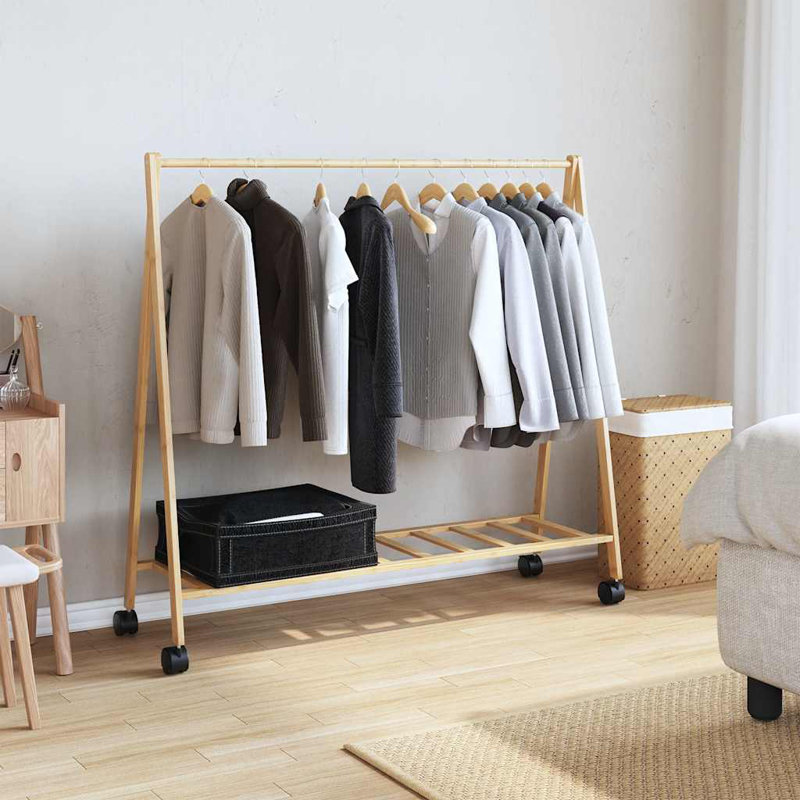 Portable Bamboo Clothes Rack with Shelves and Wheels