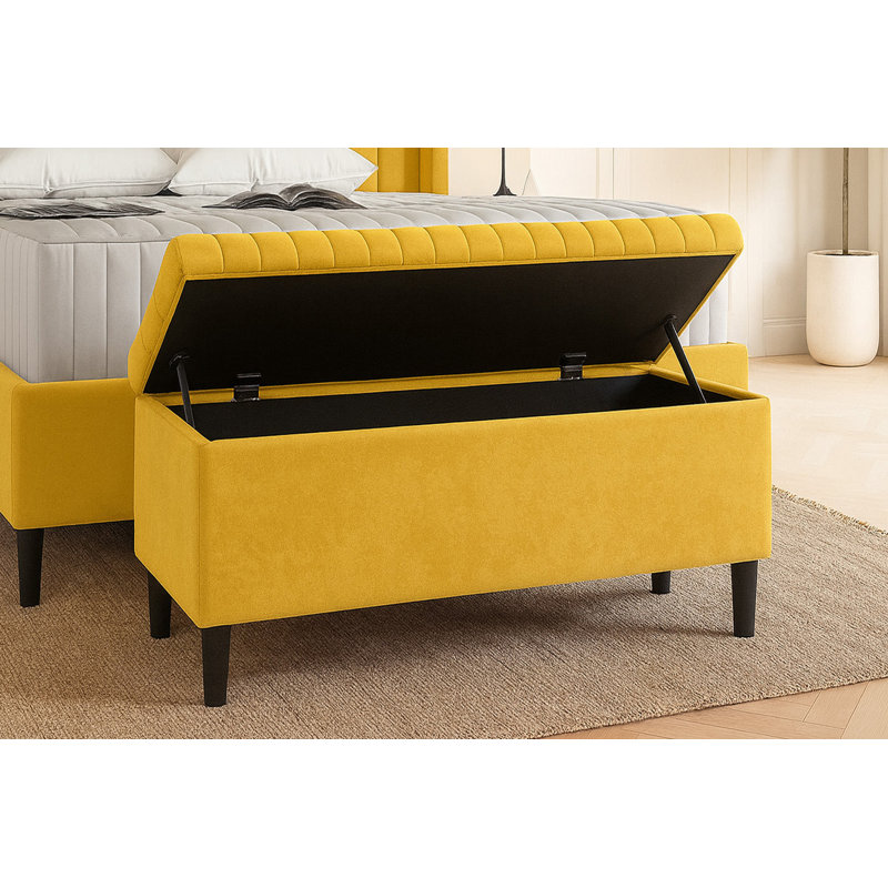 Plush Velvet Lined Upholstered Ottoman Storage Box with Wooden Legs, Mustard Gold, 45cm H X 150cm W X 40cm D