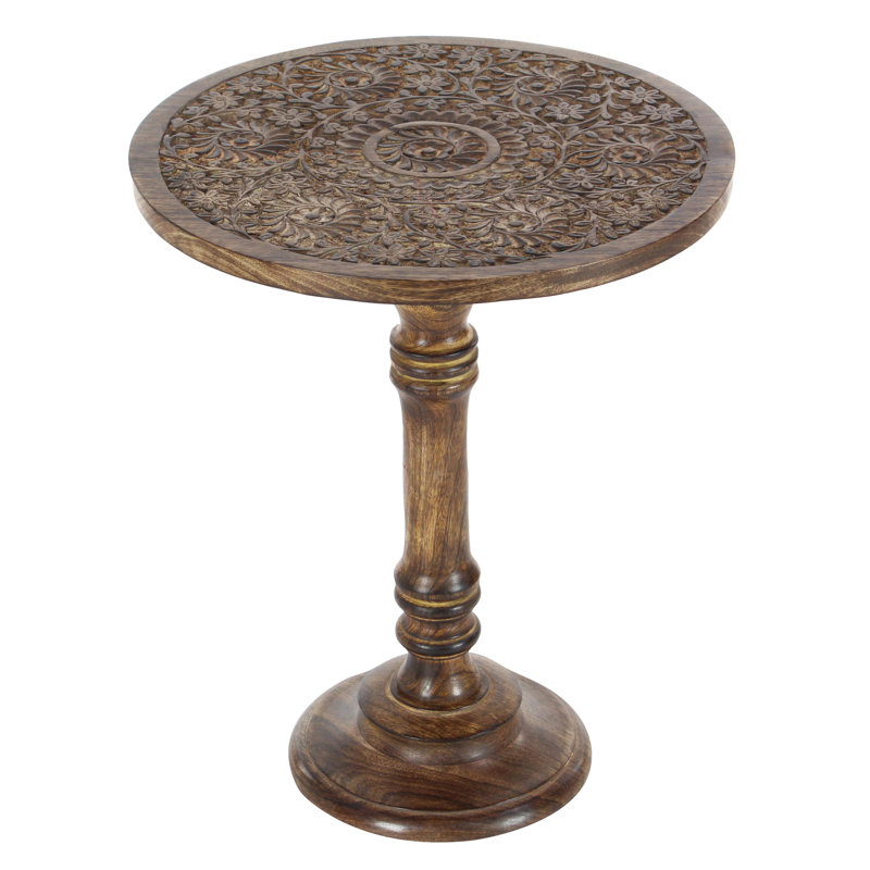 Brown Mango Wood Floral Handmade Intricately Carved Side End Accent Table with Turned Base, Brown