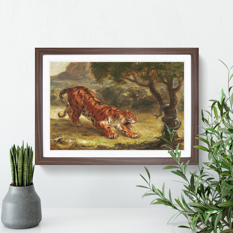 Tiger and Snake by Eugene Delacroix - Picture Frame Painting, Walnut, 36cm H x 48cm W x 2cm D