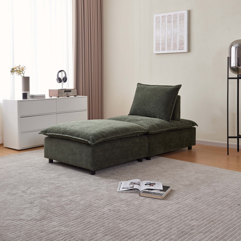 Fauteuil d'appoint sans accoudoirs avec repose-pieds, Chenille verte