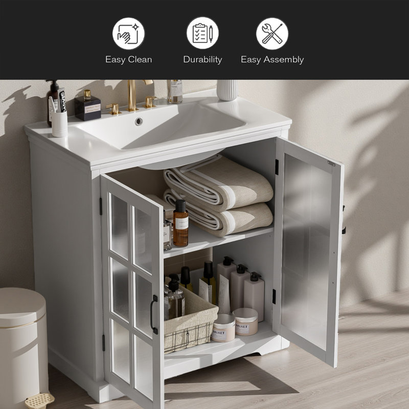 Meuble-lavabo moderne de 30 po avec lavabo en céramique, meuble-lavabo avec verre trempé et poignées mates, équipé d'un grand espace de rangement et d'un cadre en bois d'hévéa
