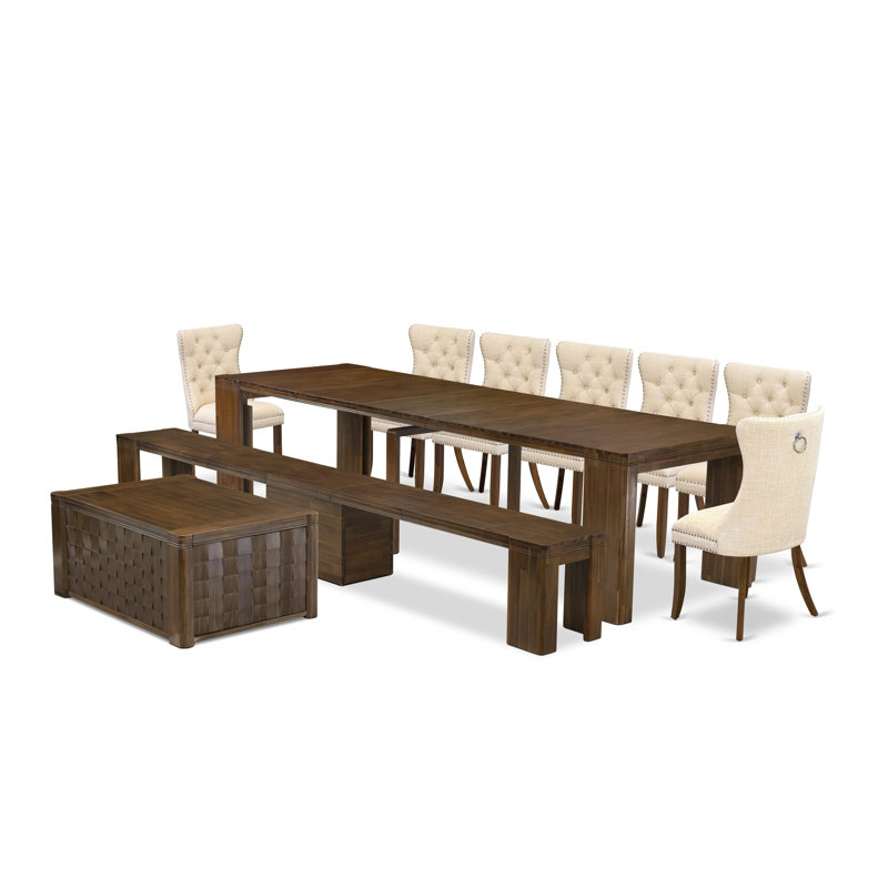 10-Pc Kitchen Table Set includes an Extendable Rectangle Kitchen Table, 1 Coffee Table, 7 Polyester Dining Chairs and 1 Bench, Antique Walnut