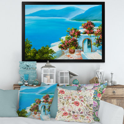 «House Near the Sea Colorful Flowers I», photographie sur toile à cadre flottant