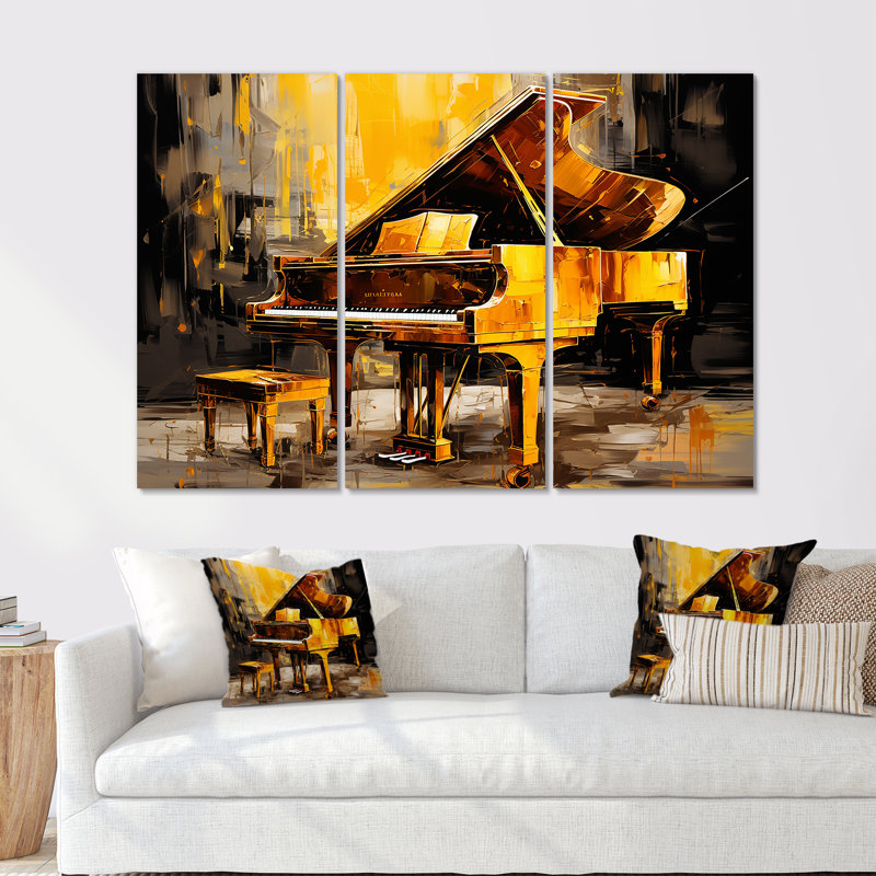 Black and Yellow Piano Jazzed Keys II - Ensemble de décorations murales piano, H 32 po x l 48 po x P 1 po