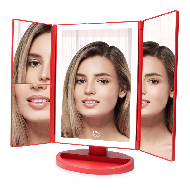 Hello Kitty Bows Trifold LED Makeup Mirror For Desk, 3 Way View Foldable Vanity Mirror With Lights