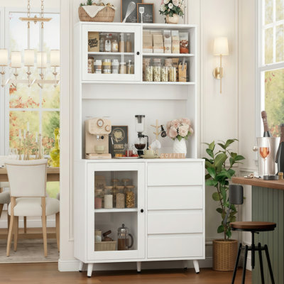 Arjav 70.9" Stand Alone Kitchen Pantry With Microwave Shelf, Wood Storage Pantry Cabinet With 3 Drawers & 2 Cabinets, White