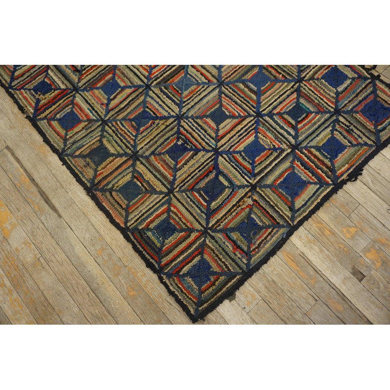 Antique Grid Log Cabin Folk Art Pattern Colorful American Hooked Rug