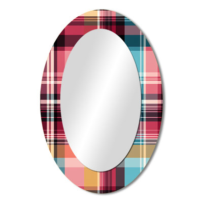 Bohemian Pink And Blue Plaid Pattern - Red Traditional Oval Wall Mirror