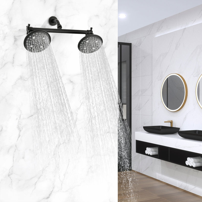  Double pomme de douche avec valve intégrée et bras de douche, Noir mat