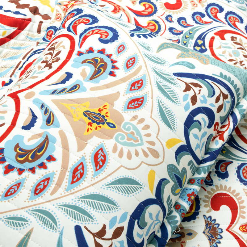 Seafoam and Red Boho Chic Reversible Cotton Full Quilt Set