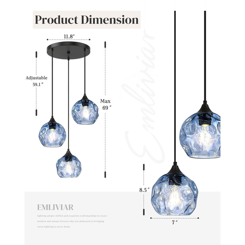 Luminaire suspendu en grappe 3 lumières avec abat-jour en verre martelé, Trois lumières