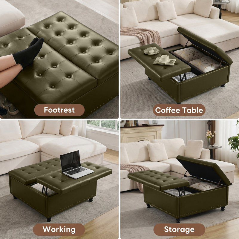 Delmontez 35.5'' Upholstered Storage Square Ottoman, Olive Green Faux Leather