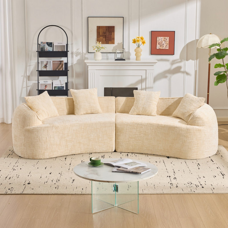 Canapé d'intérieur pour la maison, canapé courbé avec quatre coussins, Beige Fabric, Beige