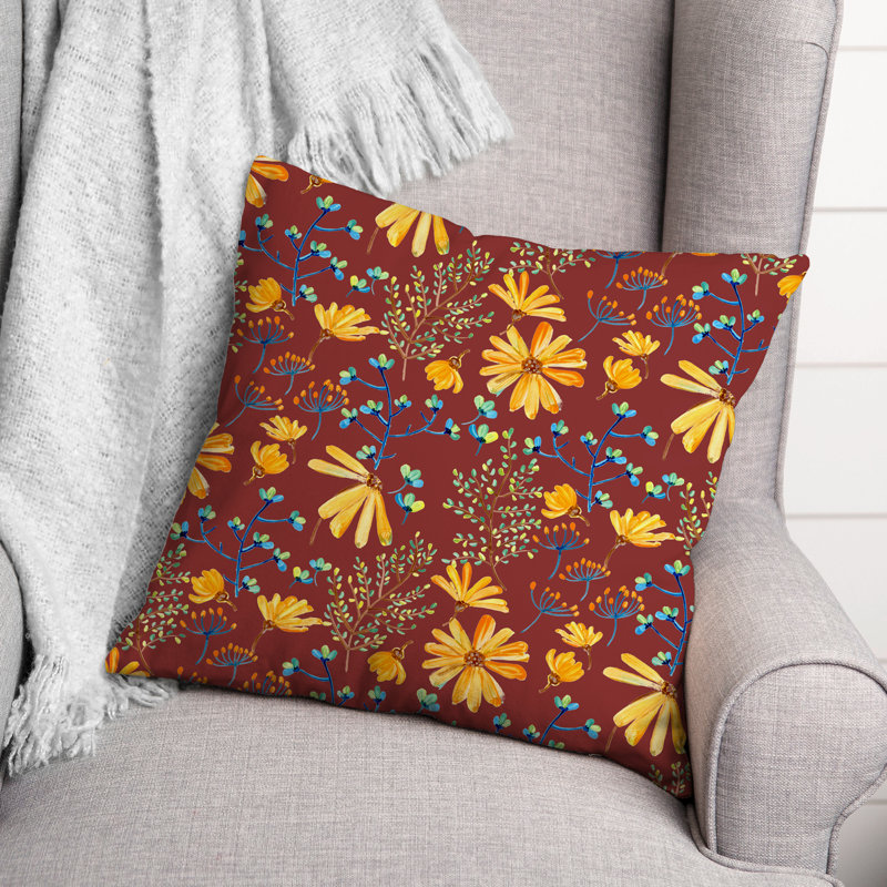  Coussin décoratif floral intérieur / extérieur en polyester, H 18 po x l 18 po, Rouge