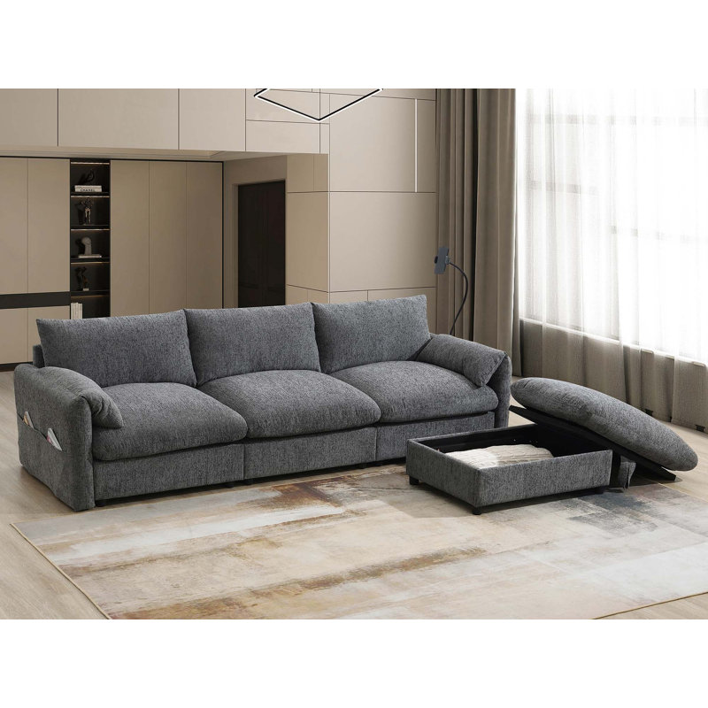 96.5'' Chenille Sectional Sofa with Storage Ottoman and Pockets,Adjustable Phone Holder,Wide Seat,4 Seat L Shaped Couch Set,Comfy Sofa with USB Charger for Living Room,Apartment