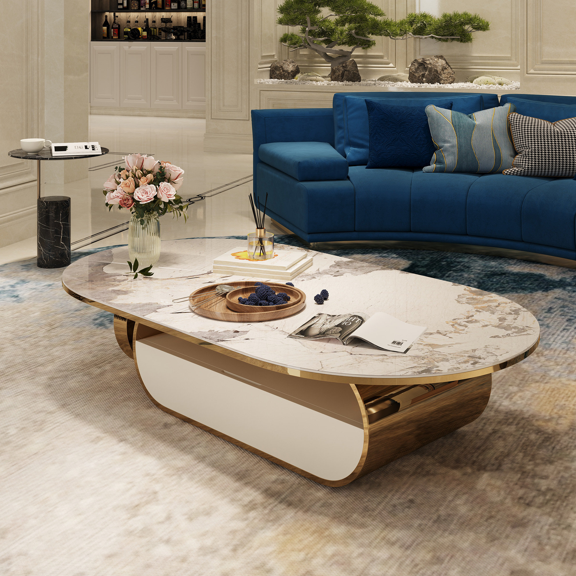 Courtlandt Ultra-Modern Oval Coffee Table Faux Marble Living Room Table  with Storage