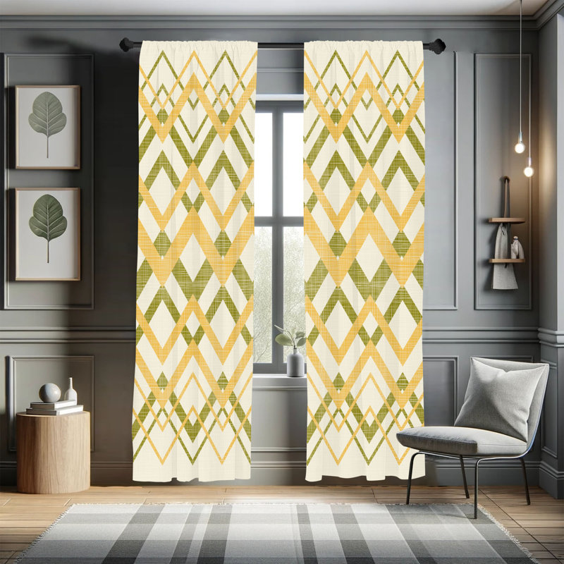 Rideaux à chevrons Ebern Designs, motif zigzag classique, paire de 28 po, L 28 po x L 63 po, Moutarde écru