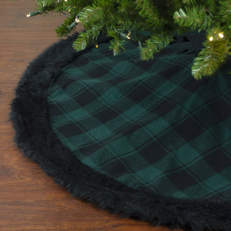 Jupe d'arbre de Noël écossais vert et noir 48 po avec fausse fourrure