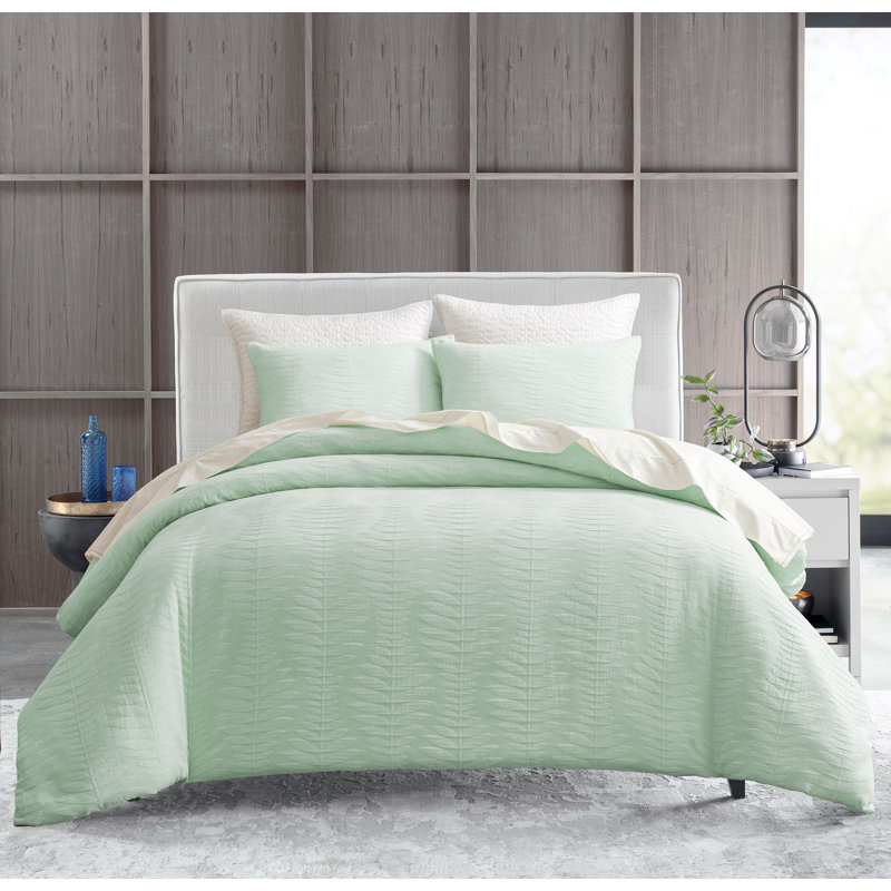 Ensemble de housse de couette pour grand lit en coton - Motif de feuille tissé CASpian, 100% coton matelassé respirant, dossier en satin 300TC, lavable à la machine - 3 couleurs