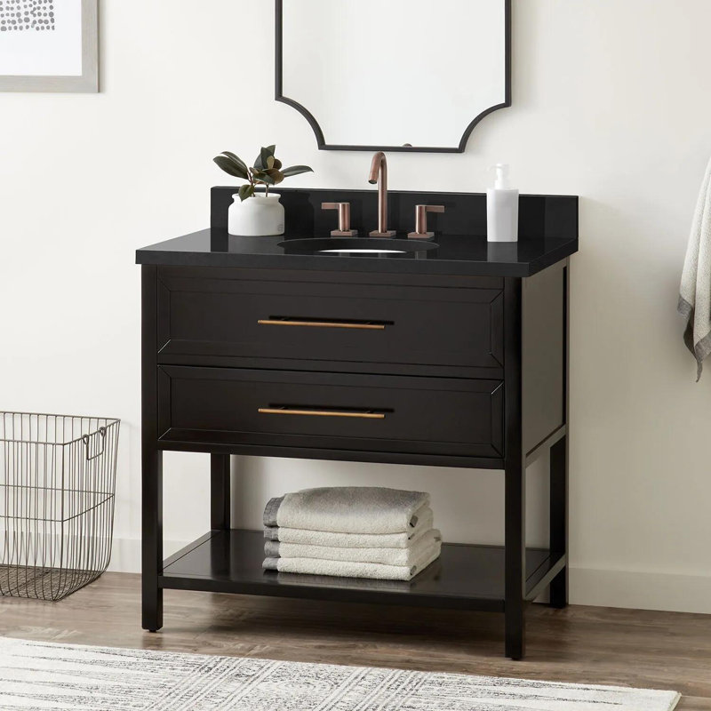36" Robertson Single Bathroom Vanity Set with Oval Undermount Sink, Arctic White Quartz, 8" Widespread, Black