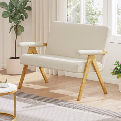 Loveseat Sofa Upholstered Sherpa Couch w/Armrests & Wooden Legs for Living Room Beige