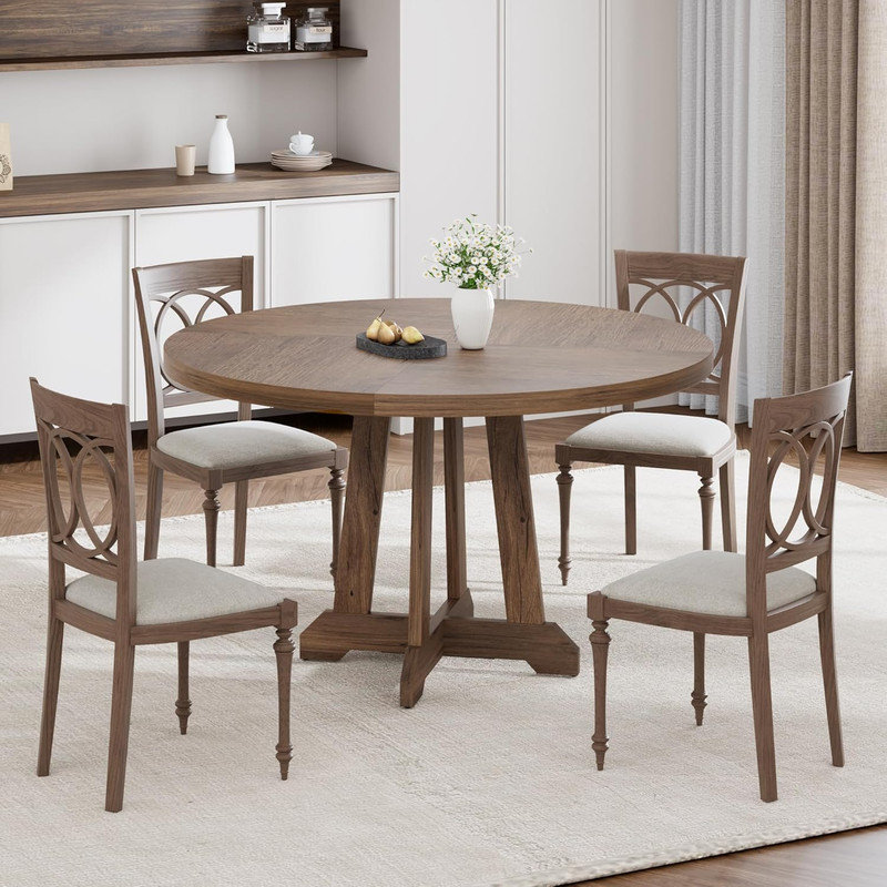 47" Round Dining Table for 4-6, Farmhouse Wooden Kitchen Table with Adjustable Legs, Brown, Brown
