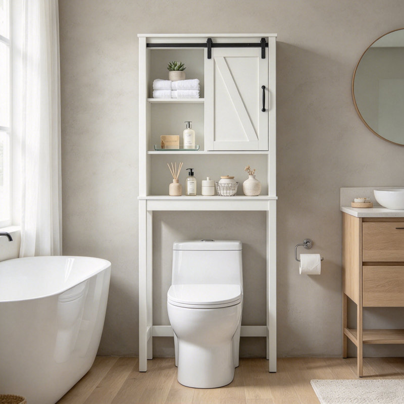 Freestanding Over-the-Toilet Storage Cabinet, Bathroom Organizer - Sliding Barn Door, Adjustable Shelves, Waterproof MDF Space Saver - for Small Bathrooms/Apartment/Laundry, White