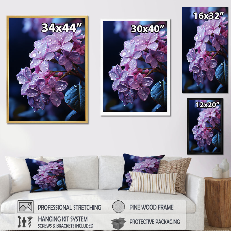 «Moonlit Lilacs Whisper Charm II», reproduction sur toile encadrée, Cadre simple noir, H 40 po x l 30 po x P 1,5 po