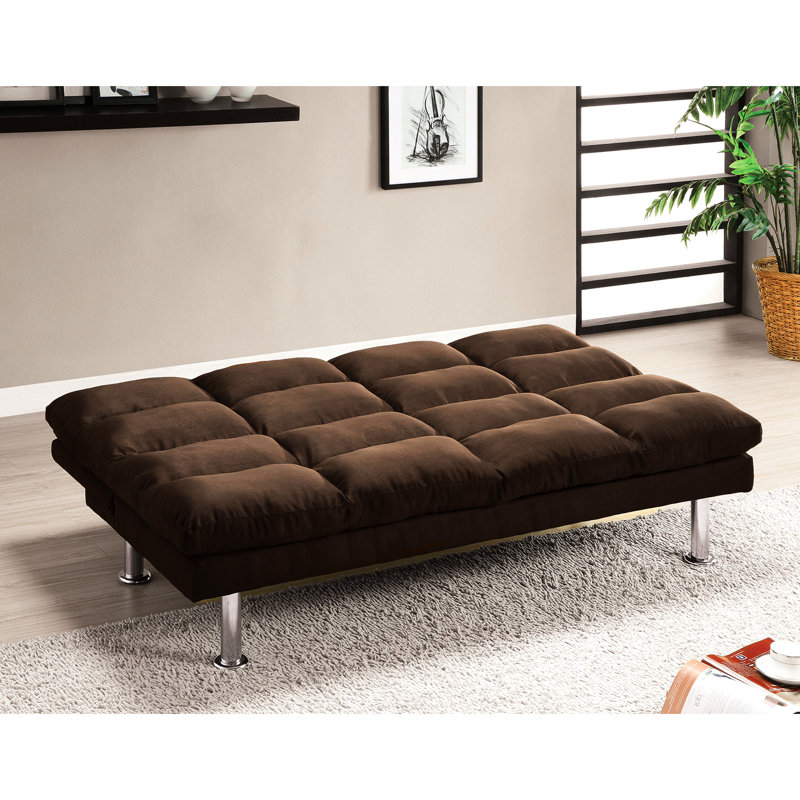 Lit futon contemporain en microfibre brun foncé, pieds et support supplémentaire pour une transformation rapide du lit, 2 sièges - support rembourré, conversion facile,