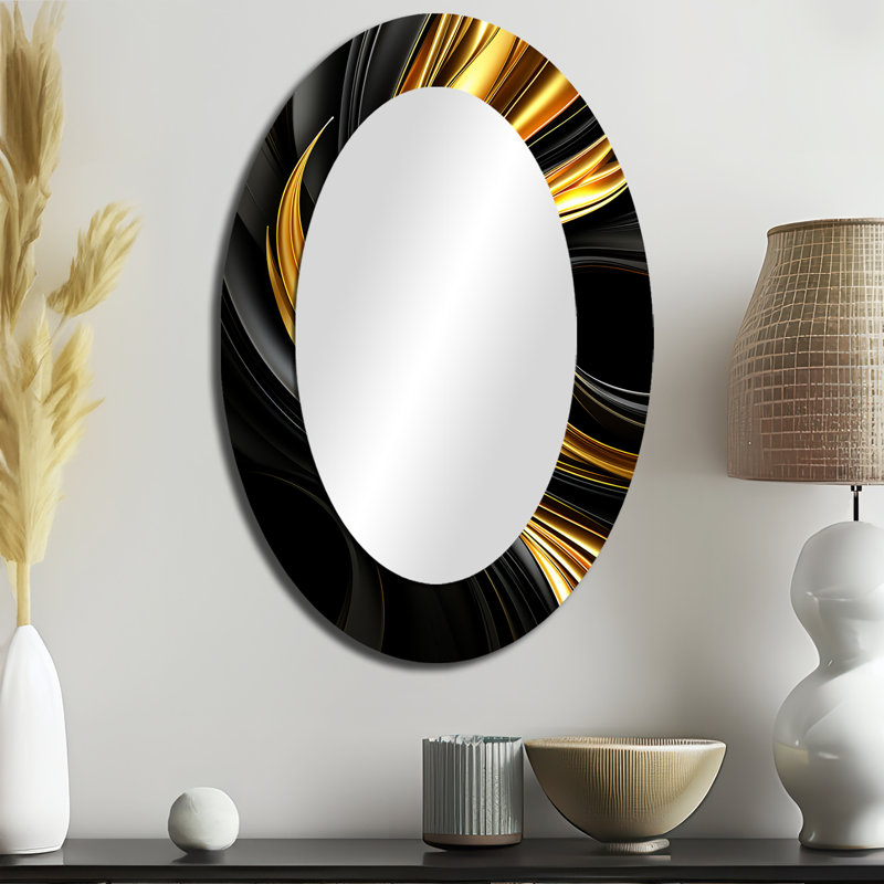 Abstract Liquid Gold And Black Swirl - Gold Oval Wall Mirror Decor, 36" x 24"