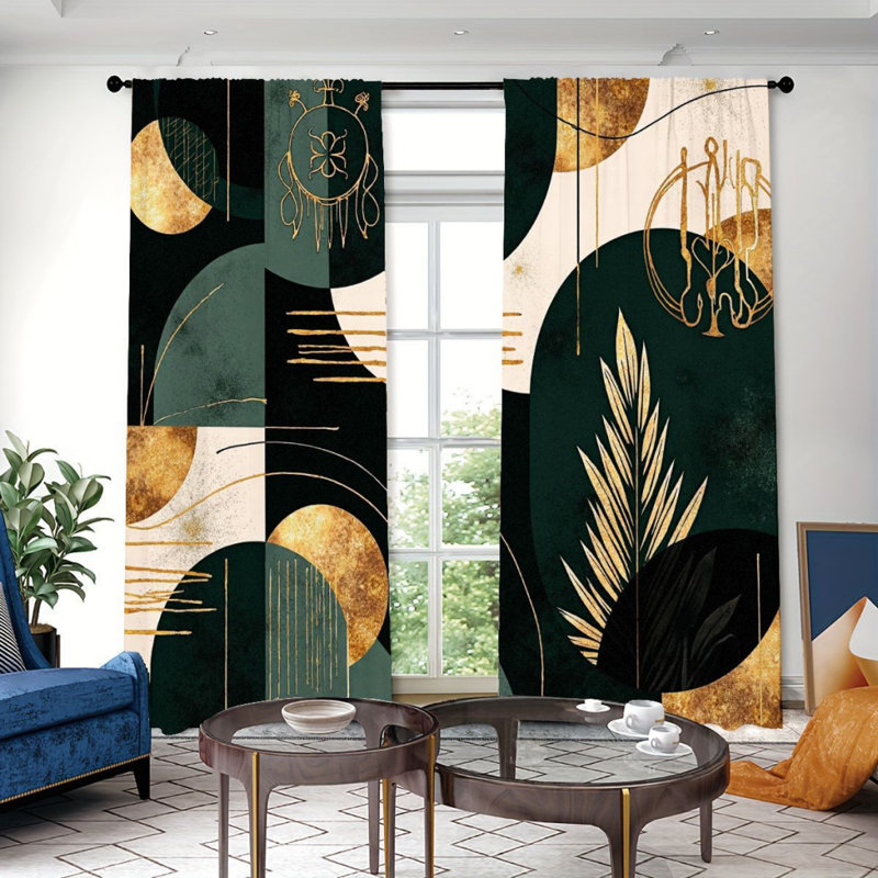 2Pcs Dreamy Abstract Geometric Gold Leaf Curtains, Dark Green White Modern Art Pattern, Rod Pocket Sun Blocking, Chic Boho Style, All-Season For Living Room Bedroom Study Window Decor