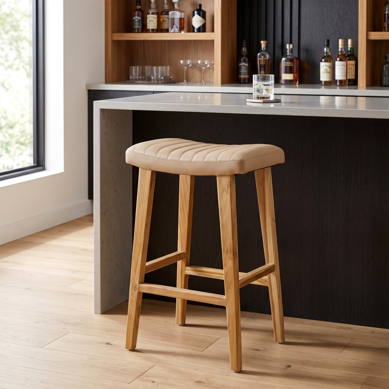 Tabouret de bar en cuir de teck beige Bonita, Teck naturel, Hauteur du bar