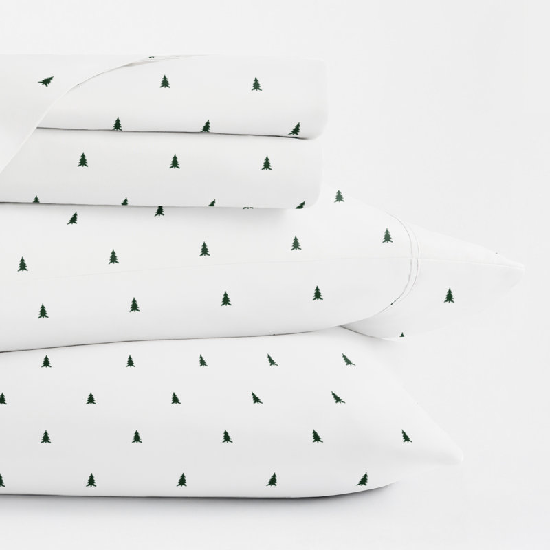 Christmas Sheet Sets - Holiday Prints, Cal King Sheet Set with 2 Pillowscases, Pinetree White
